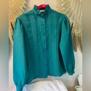 Vintage Donnkenny 80s Teal Ruffle Button Down Romantic Long sleeve Blouse Top